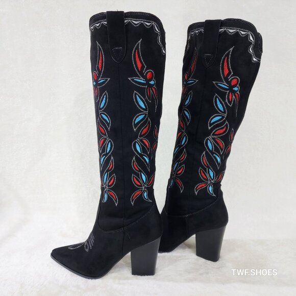 Size 10 Black Faux Suede Western Cowgirl Knee Boots Colorful Embroidered Design - Picture 4 of 10